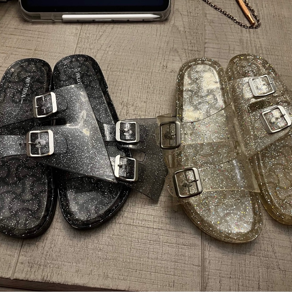 Glitter Jelly Double-Buckle Slide Sandals